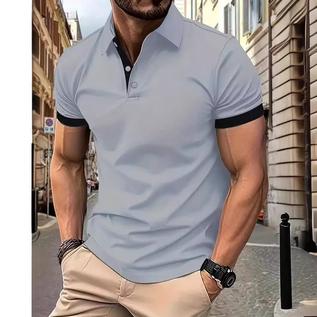 Solid Color Lapel Short Sleeve Polo Shirt Casual Loose Men 4D