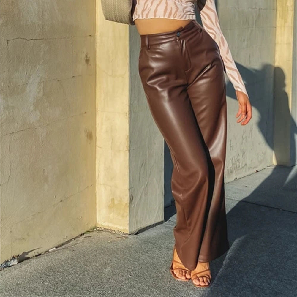 PU Trousers High Waist Loose Wide-leg Leather Pants Casual Trousers