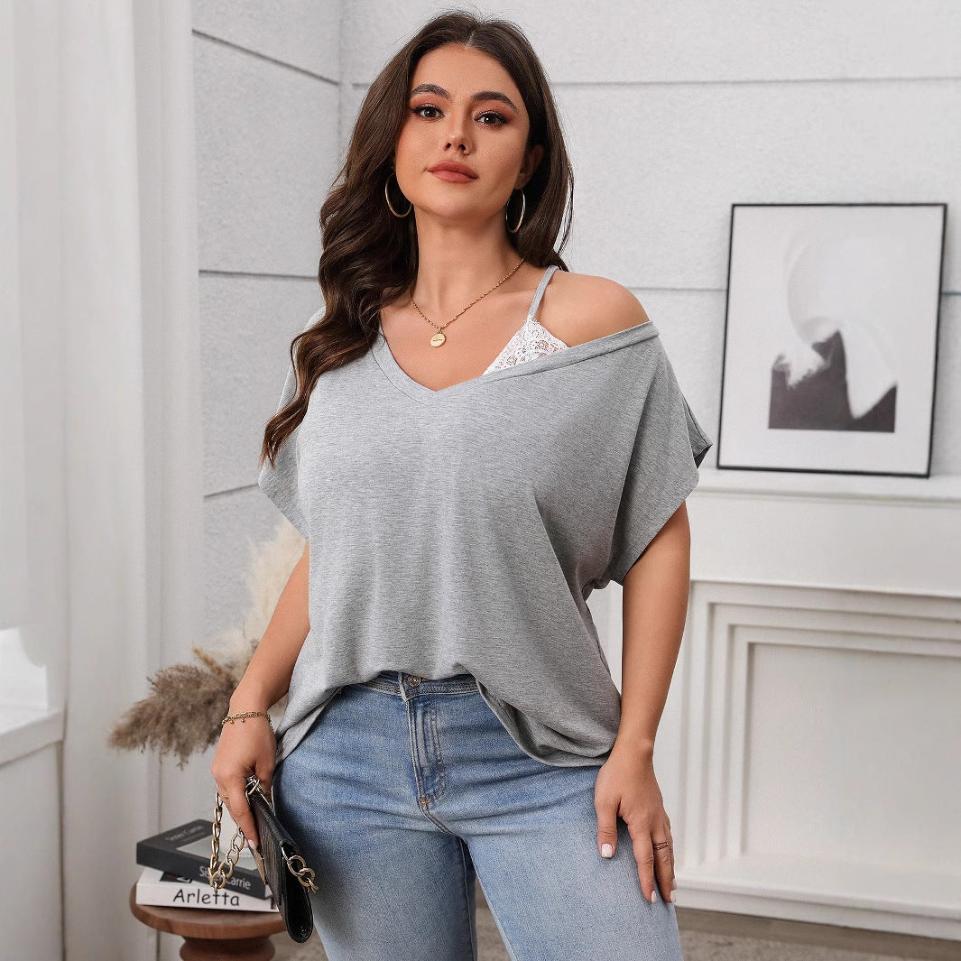 Casual Solid Color Pullover Slant Shoulder Batwing Sleeve Top