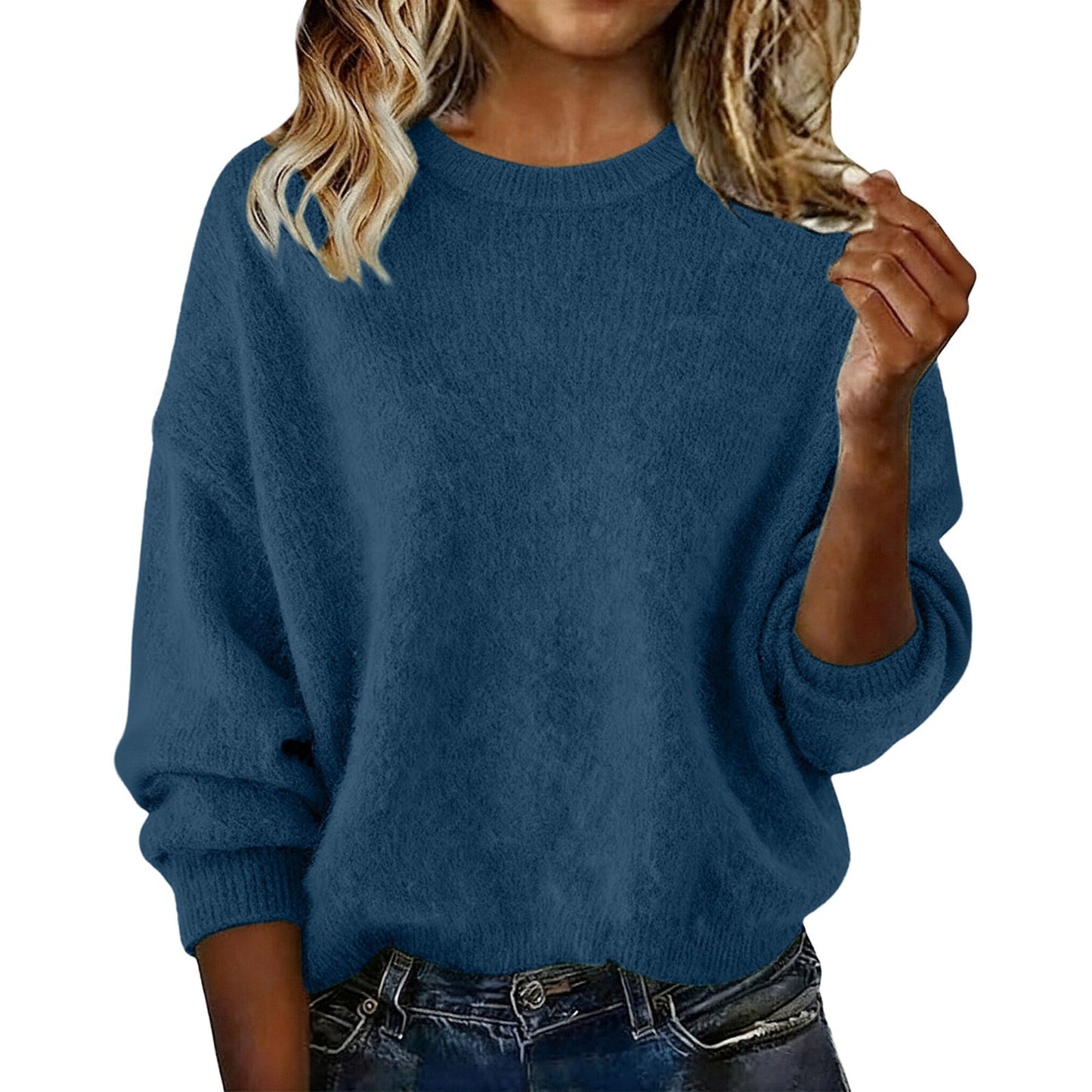 Fashionable Crew-neck Solid-color Sweater