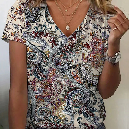V-neck Short-sleeve 3D Digital-print Loose T-shirt Top