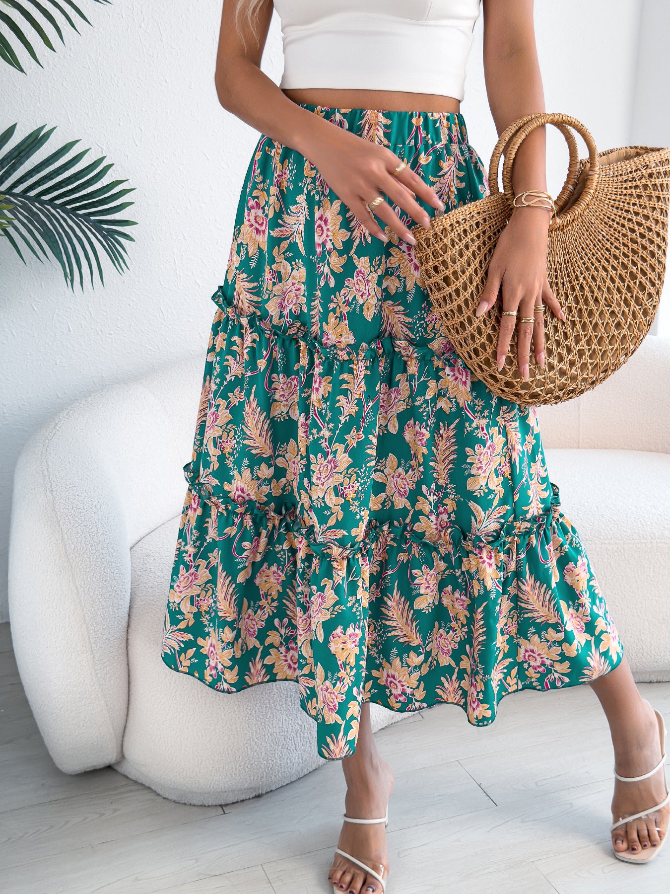 Ladies' Fashion Casual Floral Mid-length Skirt