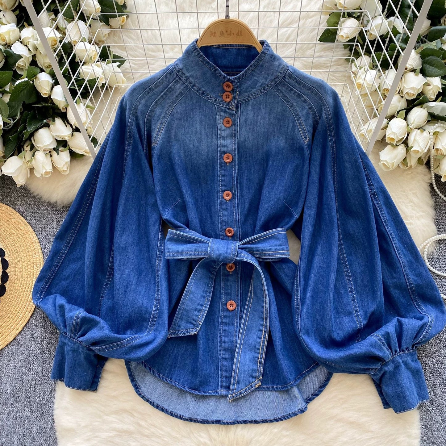 Retro Lace-up Waist-controlled Stand-up Collar Puff Sleeve Denim Top