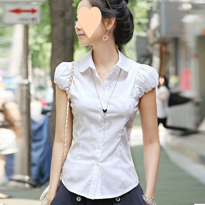 Women's Puff Sleeve Short Sleeve White Professional Slim Fit Shirt