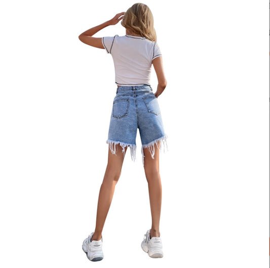 SpringSummer Slimming Raw-Edge Wide-Leg Denim Shorts