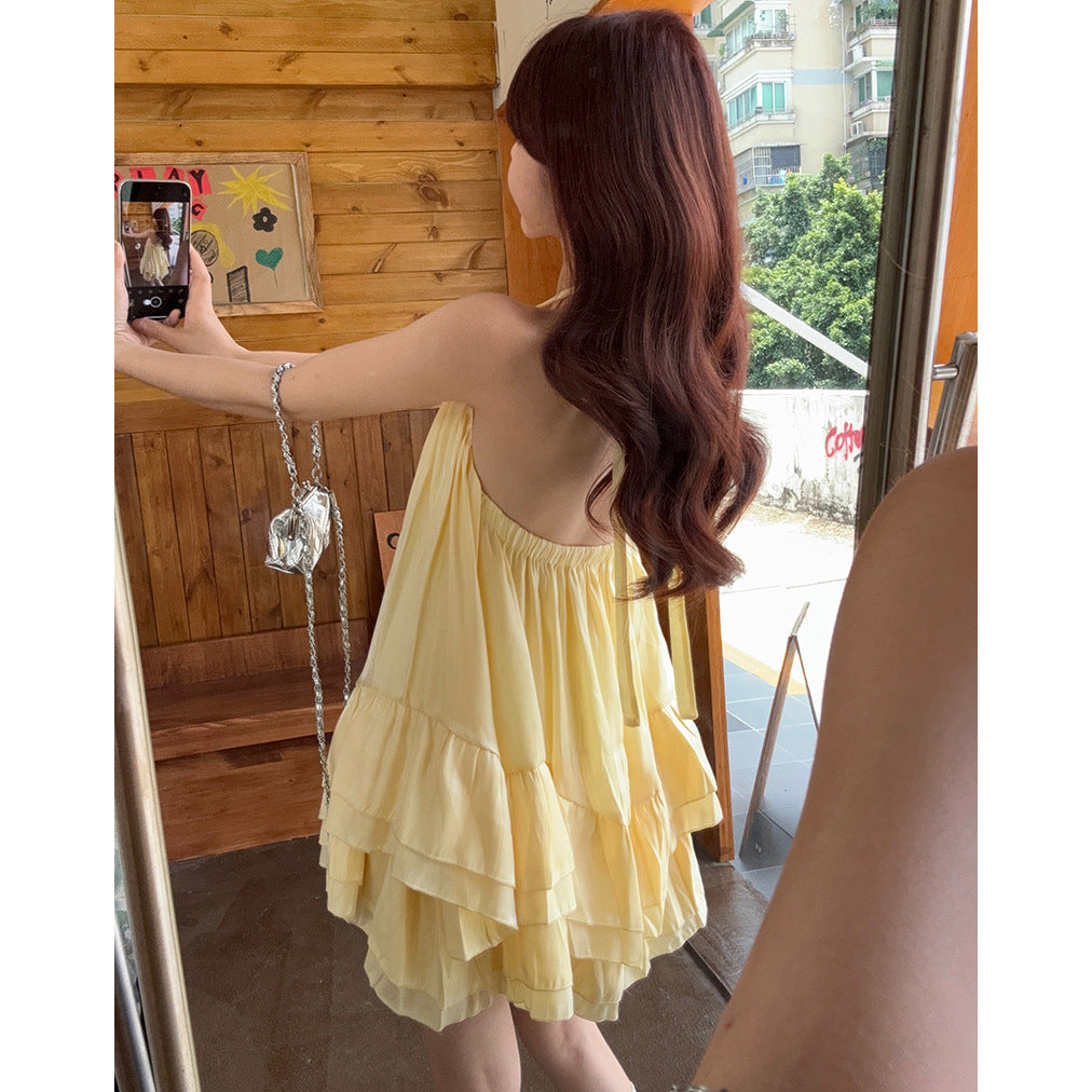 Womens Solid-Color Loose Irregular Puffy Slip Dress