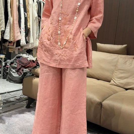 Womens Two-Piece Set New Chinese-Style 34-Sleeve Top With Wide-Leg Pants