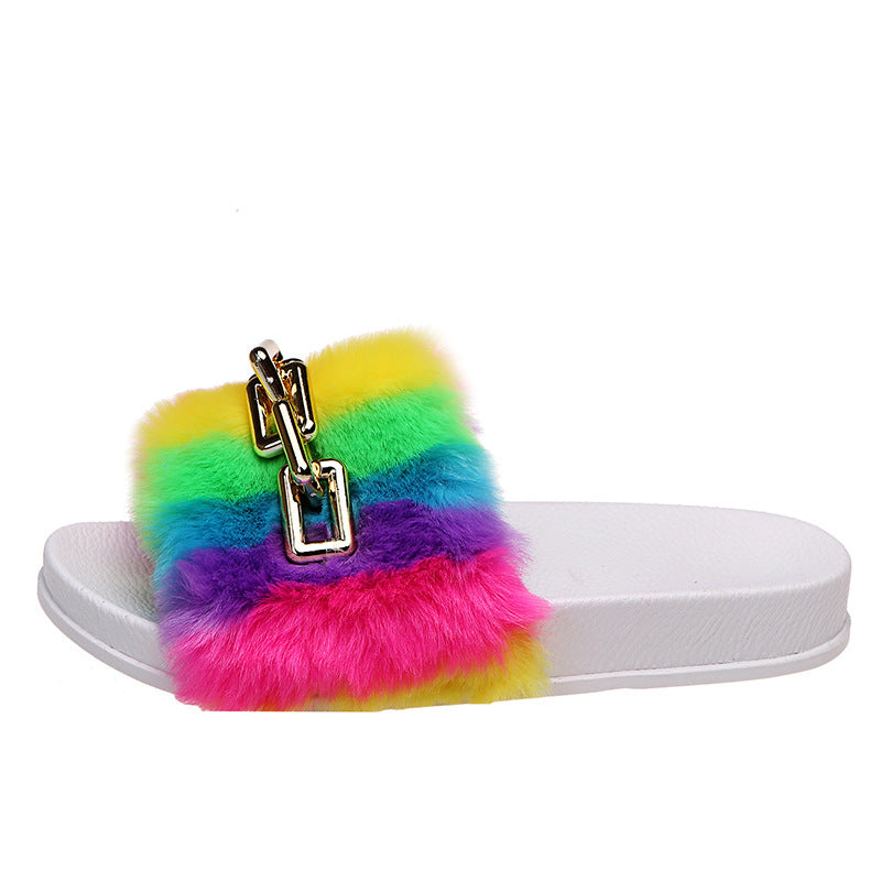 Fashion Simple Ladies Rainbow Plush Slippers