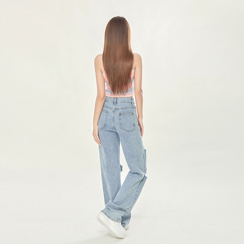 Damejeans med høj talje, lyseblå, ripped, vide ben