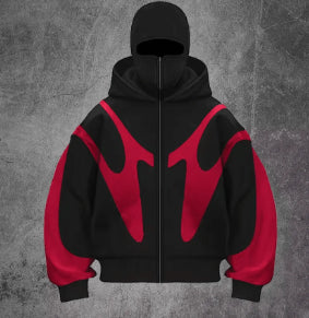 Pattern Stitching Trendy Hooded Cardigan Zipper Sweater