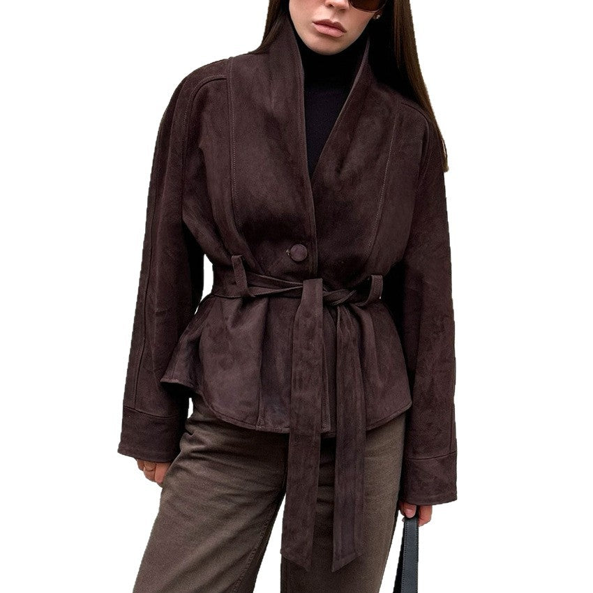 Retro Suede Long-sleeved Jacket Brushed Velvet Coat For Women