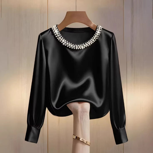 Simple Solid-Color Fashionable Beaded Crew-Neck Long-Sleeve Womens T-Shirt