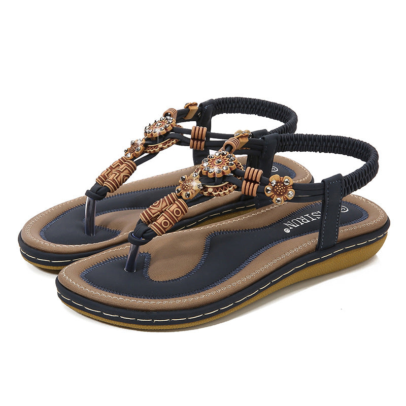 Women's Sandals Wooden Bead Woven Large Size Flat Bottom Casual