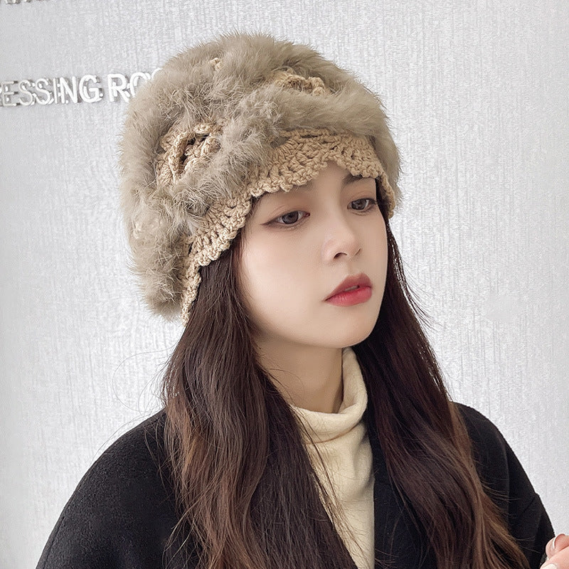Handmade Rabbit Fur Straw Hat Female White Fur Hat Knitted Woolen Cap