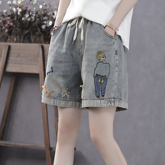 Versatile Elastic Waist Hole Embroidered Vintage Wide Leg Shorts