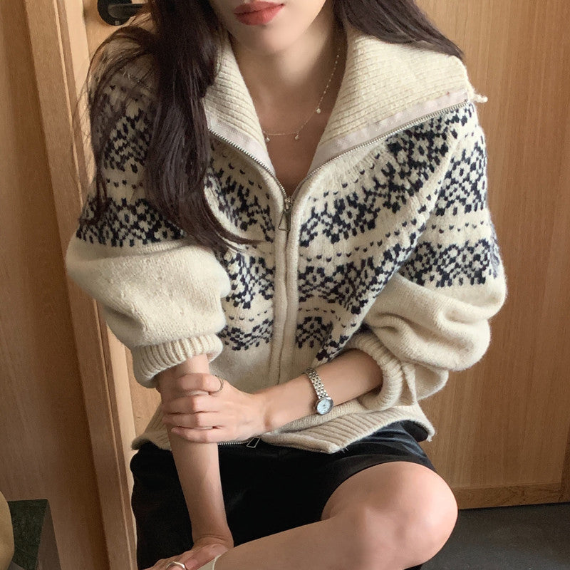 Jacquard Weave Zip Knitted Cardigan Sweater Coat For Women