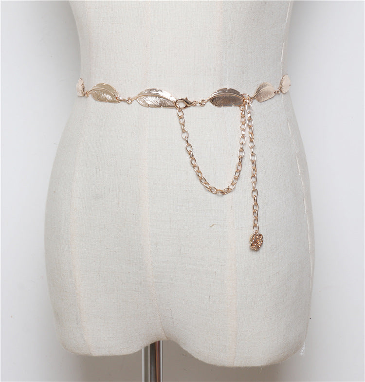 Fashion All-match Dress With Leaf Metal Ladies Waist Chain Decoration