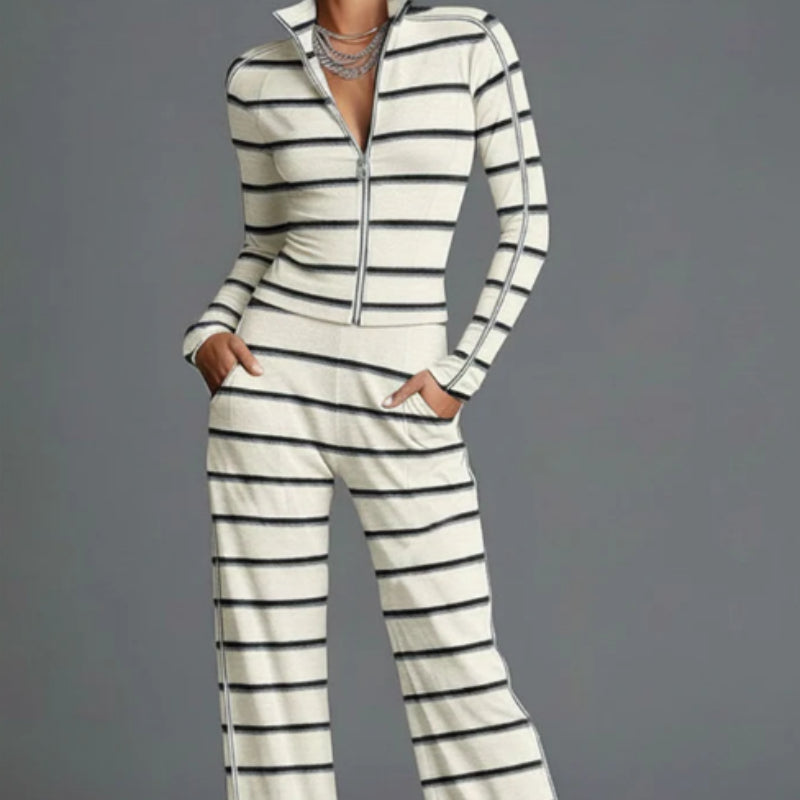 Sporty Retro Off White Striped Knit Zipper Top And Wide Leg Pants Set