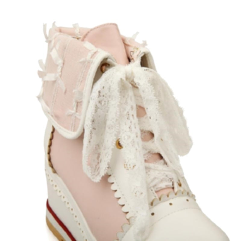 Foot Curb Lace Lace-up Color Block Wedge Platform Ankle Boots
