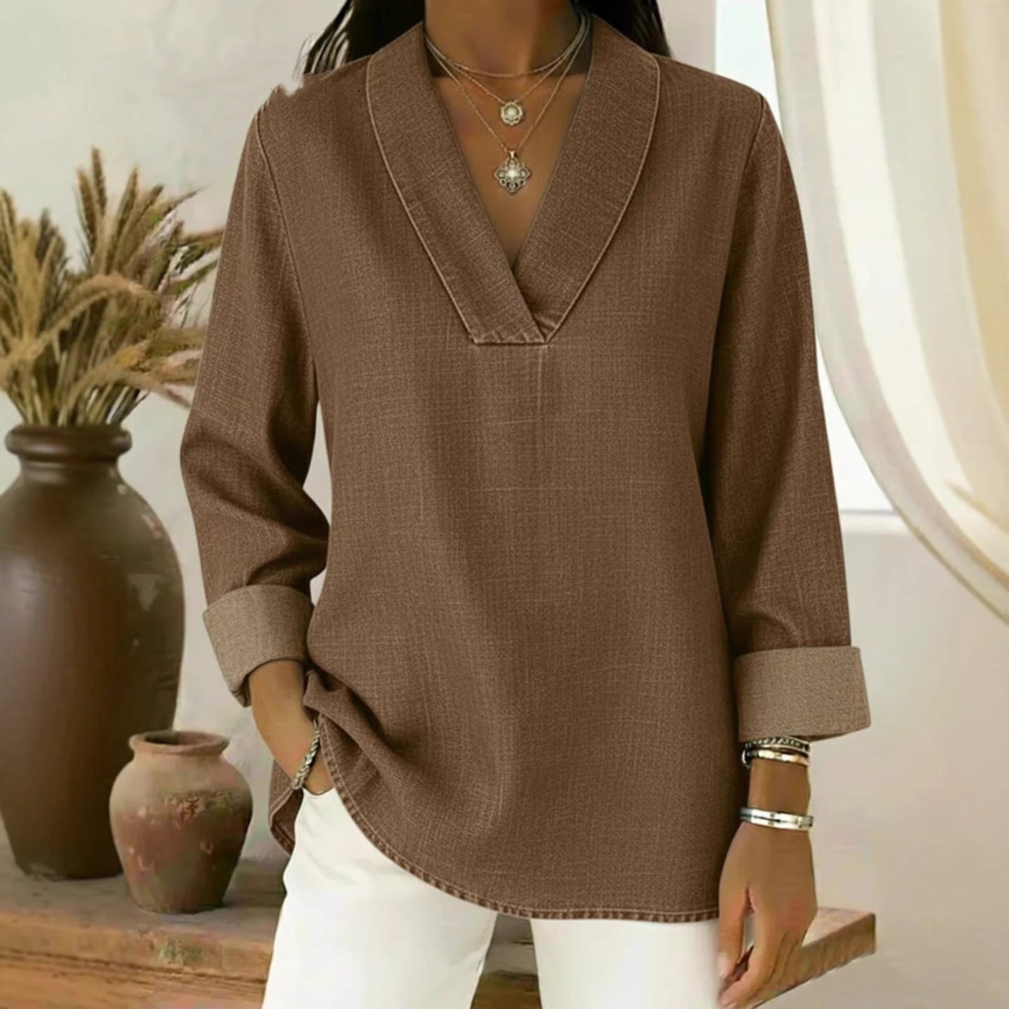 Three-quarter-sleeve Vintage Polo-collar Long-sleeve Shirt