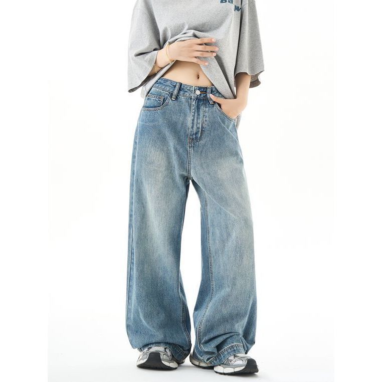 Plus Size American Retro Washed Straight Jeans