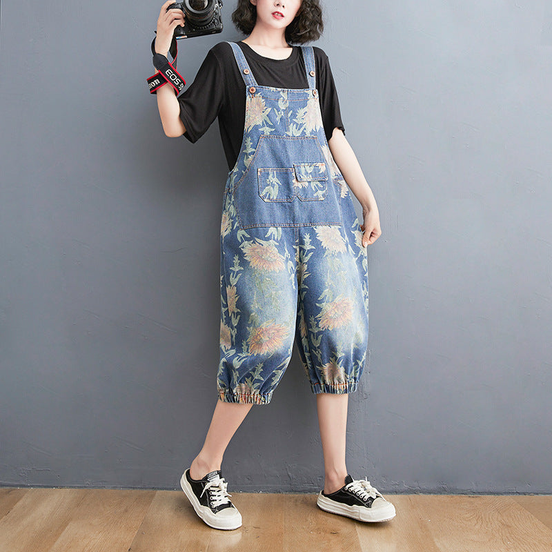 Fashion Printed Denim Strap Pants