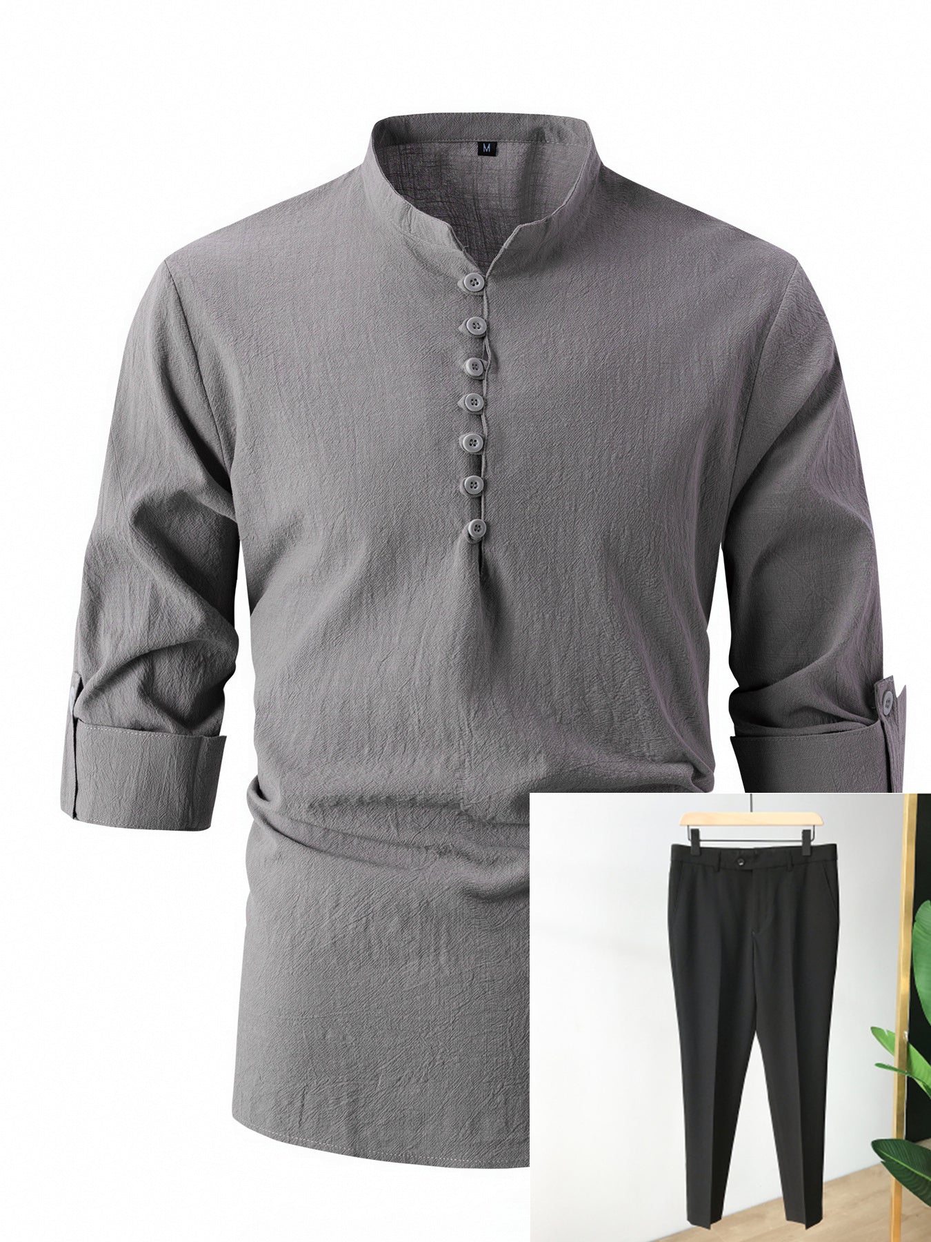 Fashion Retro Men's Spring And Autumn Cotton And Linen Stand Collar Business Slim Casual Shirt