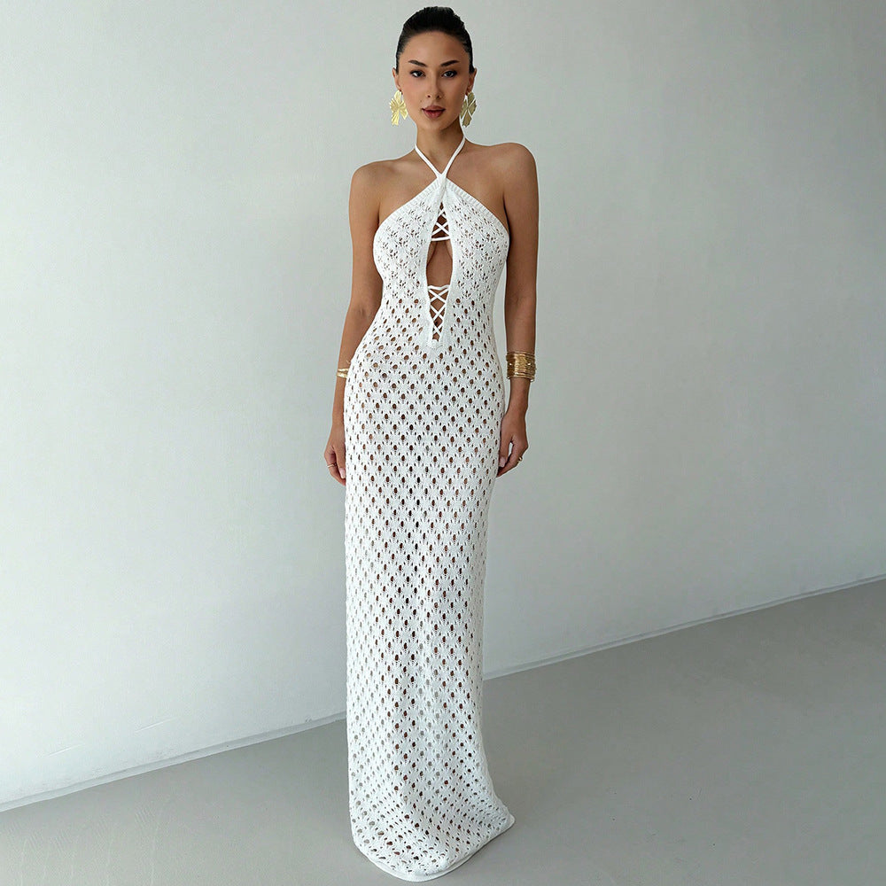 Neck-strap Lace-up Hollow-out Dress For Women