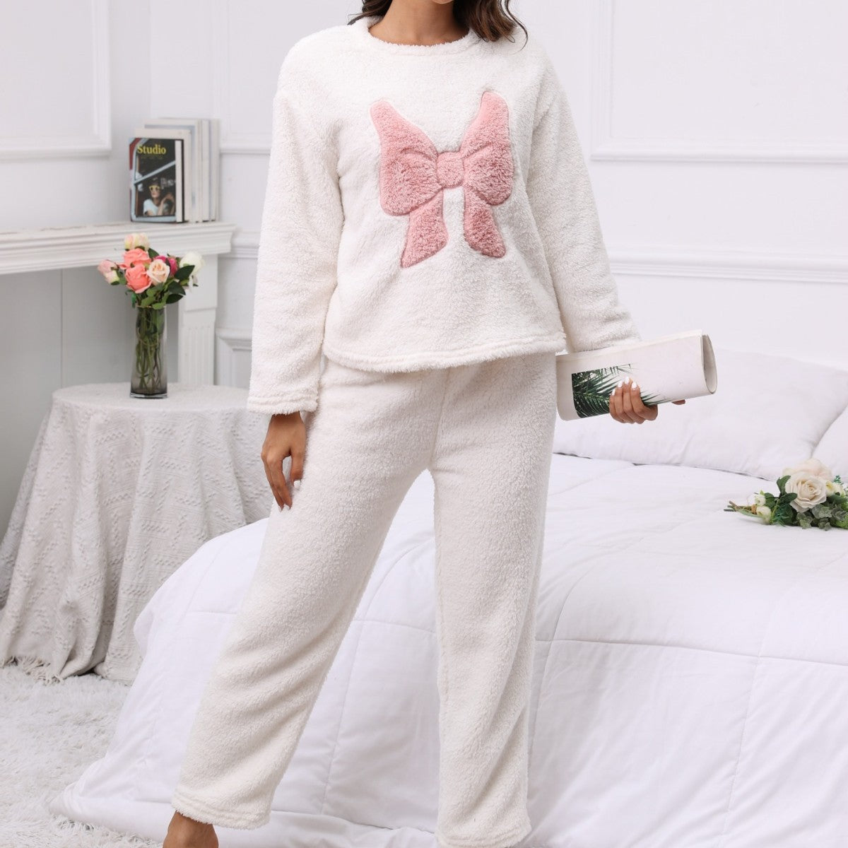 Embroidered Bow Long-sleeved Pants Two-piece Set For Casual Home Wear