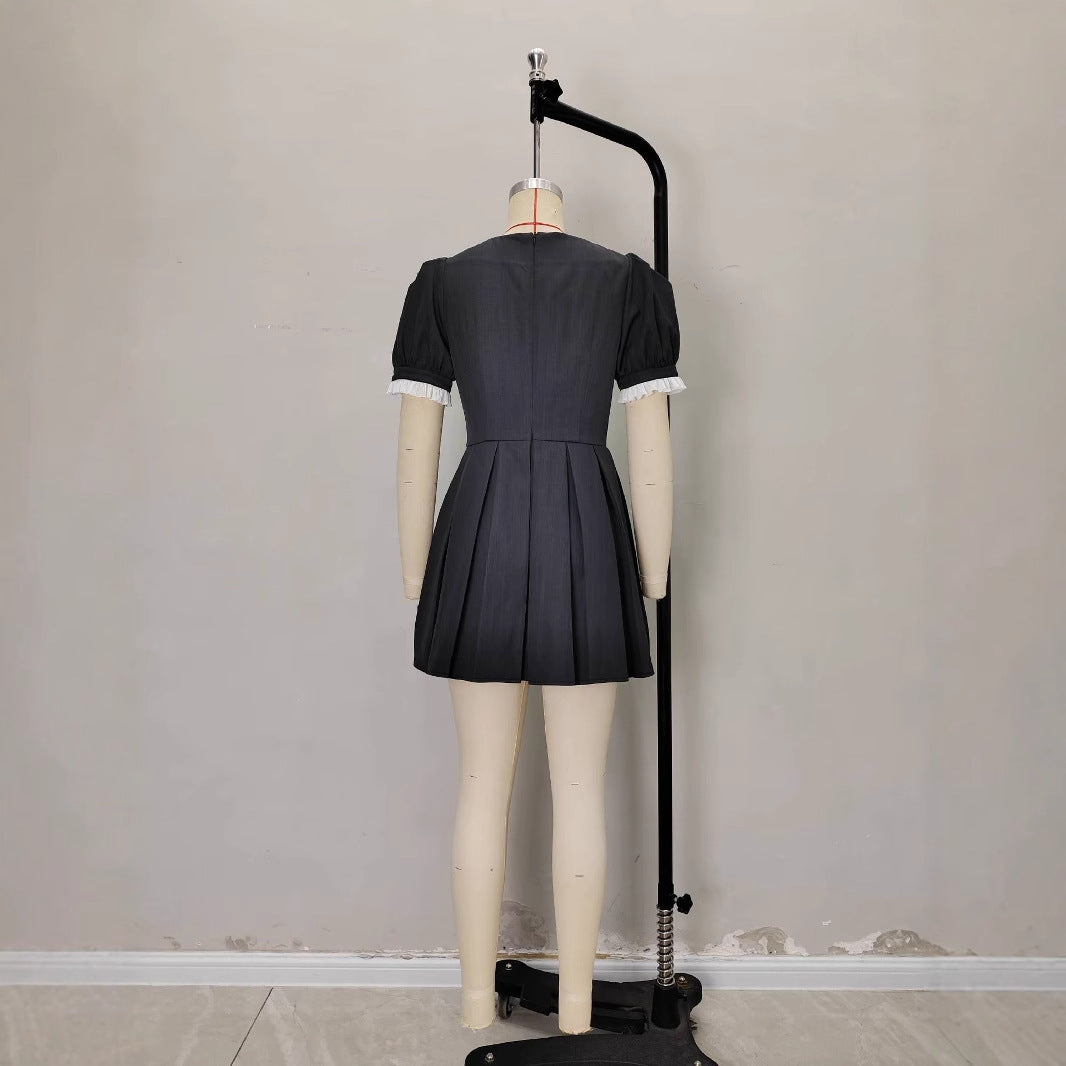 Womens Solid-Color French Square-Neck Slim-Fit Short-Sleeve Dress