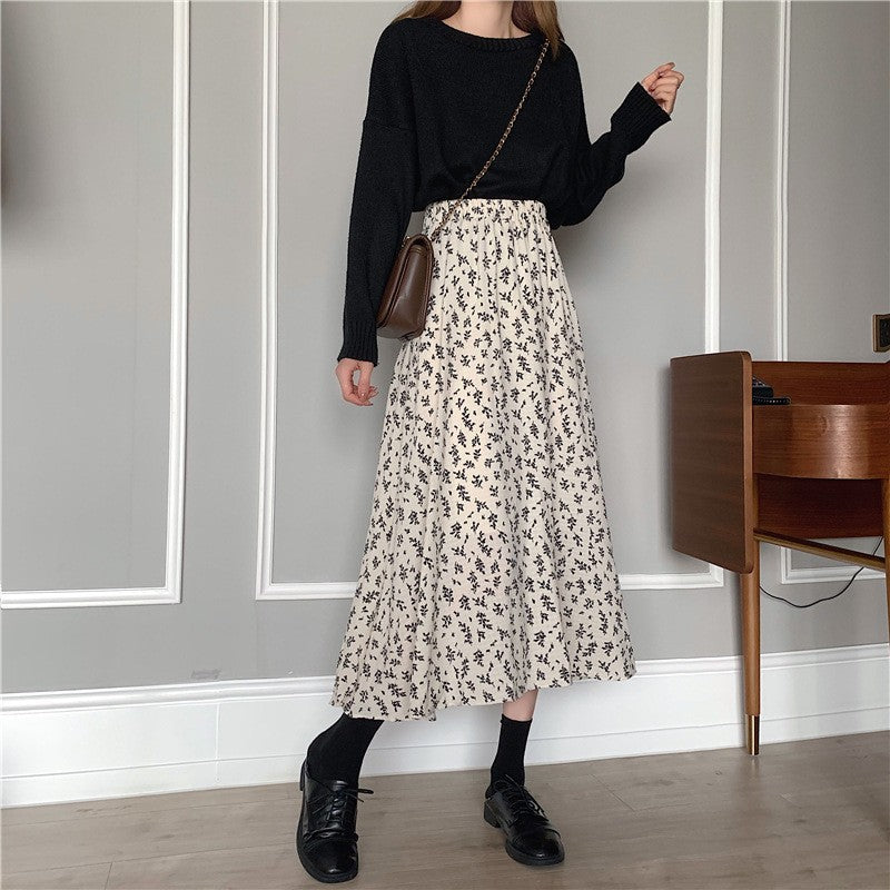 Floral New Fresh High Waist Slimming Korean-style Midi A- Line Skirt