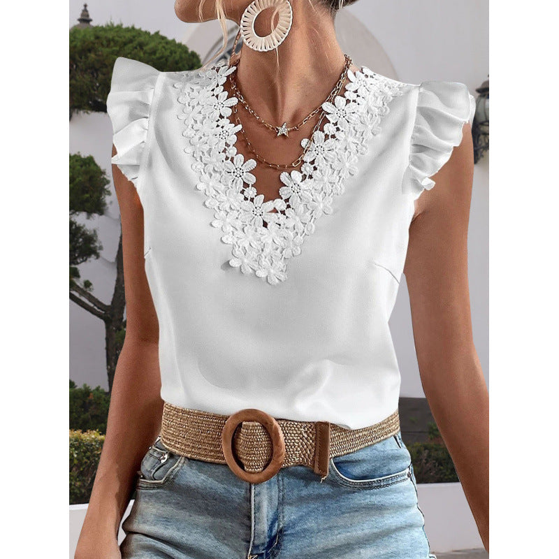 Solid Color Collar Short Sleeve Slim Casual Women's Shirt