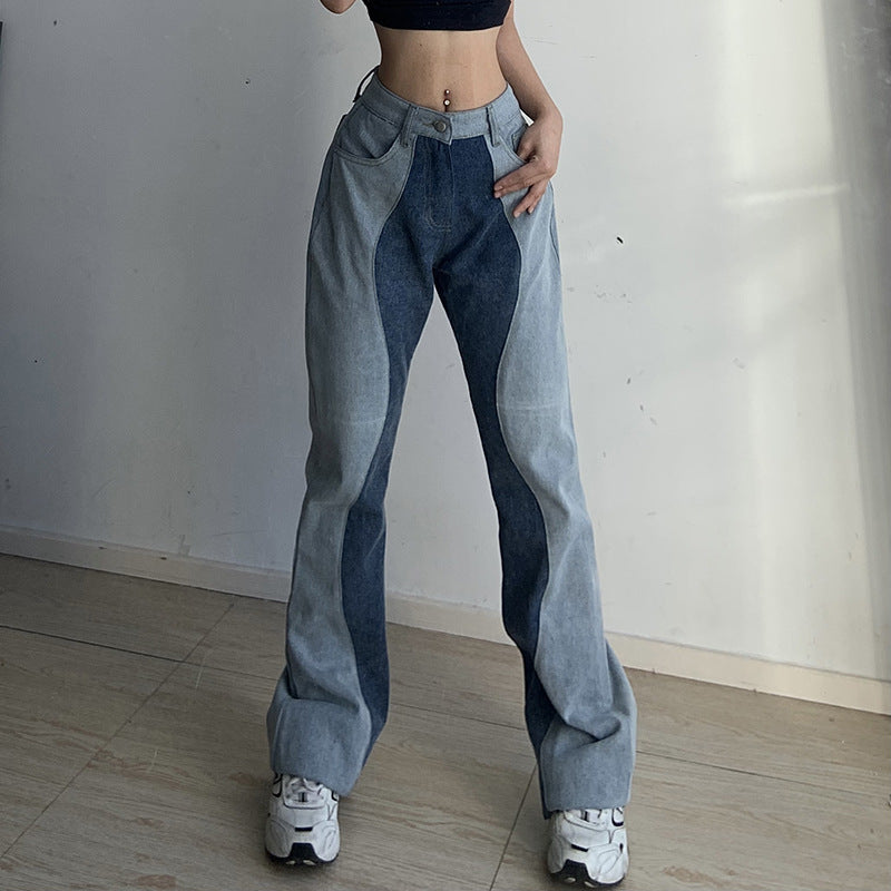 American Color Blocking Leg Length Straight Casual Jeans