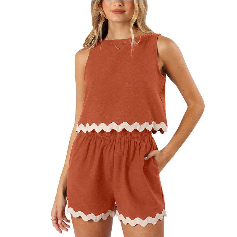 Summer Two-Piece Set Linen Lace-trimmed Crew-neck Tank Top And Short Pants