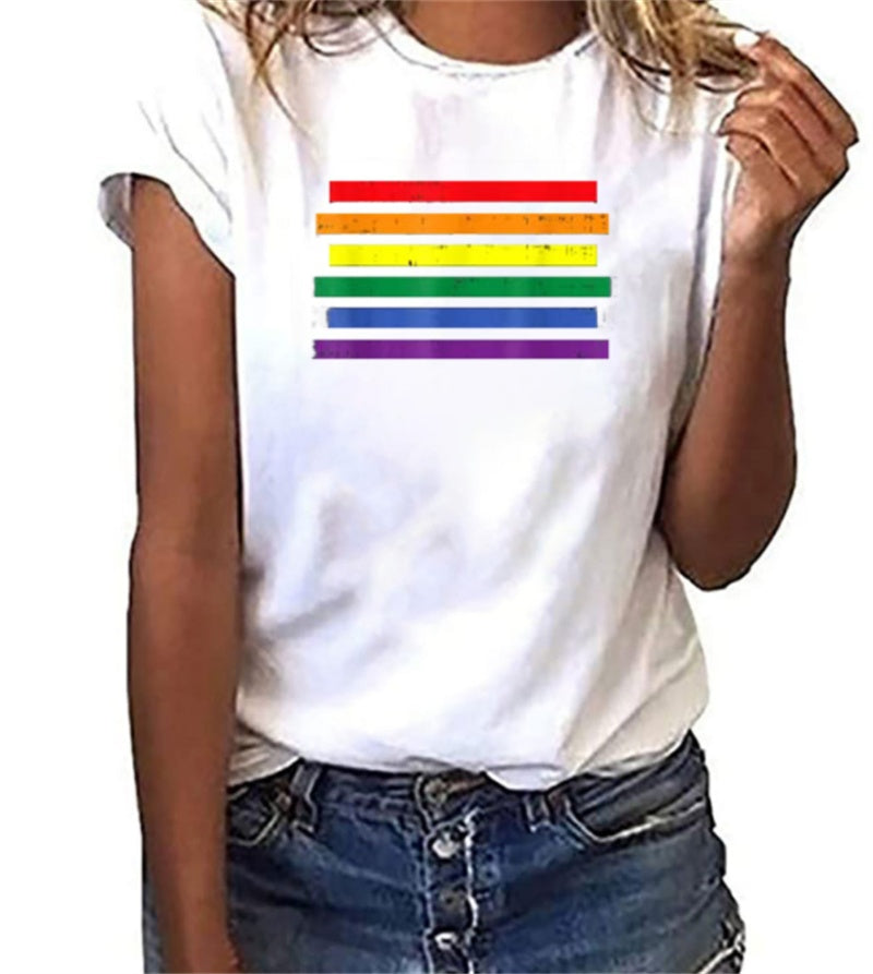 Rainbow Alphabet Print Casual Ladies Short Sleeves
