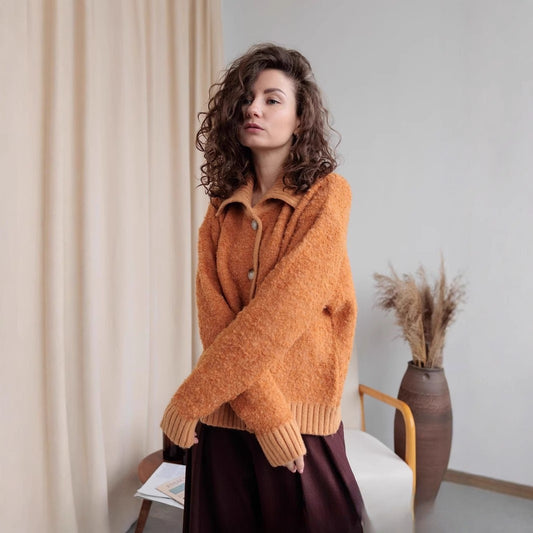 Laid-back Flattering Stitching Lapel Knitted Sweater