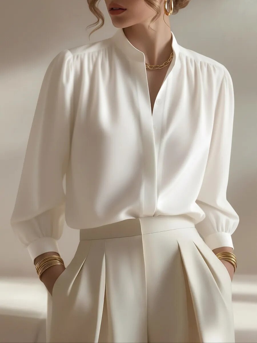 Blue, Relaxed-fit Workwear Top With A Stand-up Collar And A Luxurious Silk-like Texture