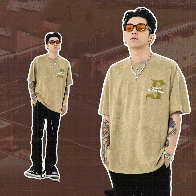 American Retro Virtual Shadow Letter Printed Suede Short Sleeve
