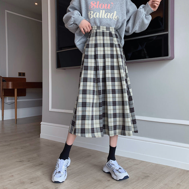 Women's High Waist Plaid Versatile Student Skirt