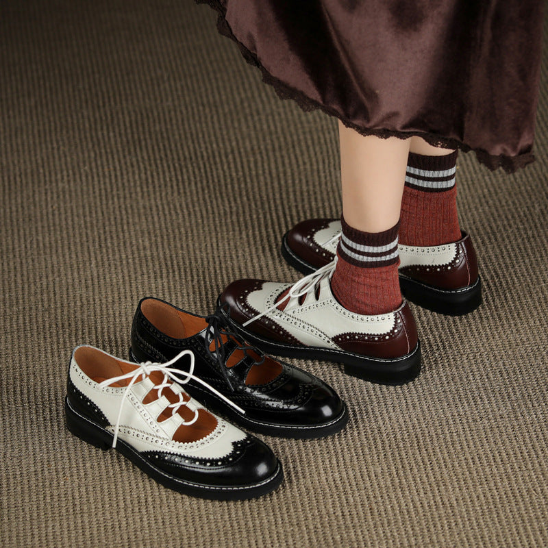 Single Shoes Womens Color Matching Carved Patent Leather Lace-up Loafers French Retro
