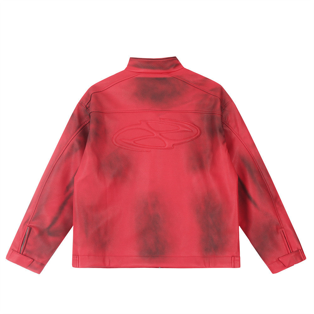 Design Sense Spray Paint Distressed Dirty Stand Collar PU Leather Jacket