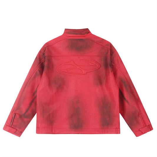 Design Sense Spray Paint Distressed Dirty Stand Collar PU Leather Jacket