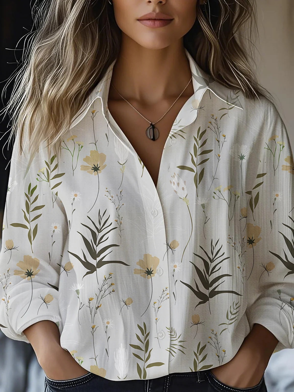Floral-print Long-sleeve Shirt Delicate Linen Casual Blouse