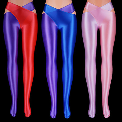 Glossy Leggings Patchwork Color Cross Open Crotch Pants