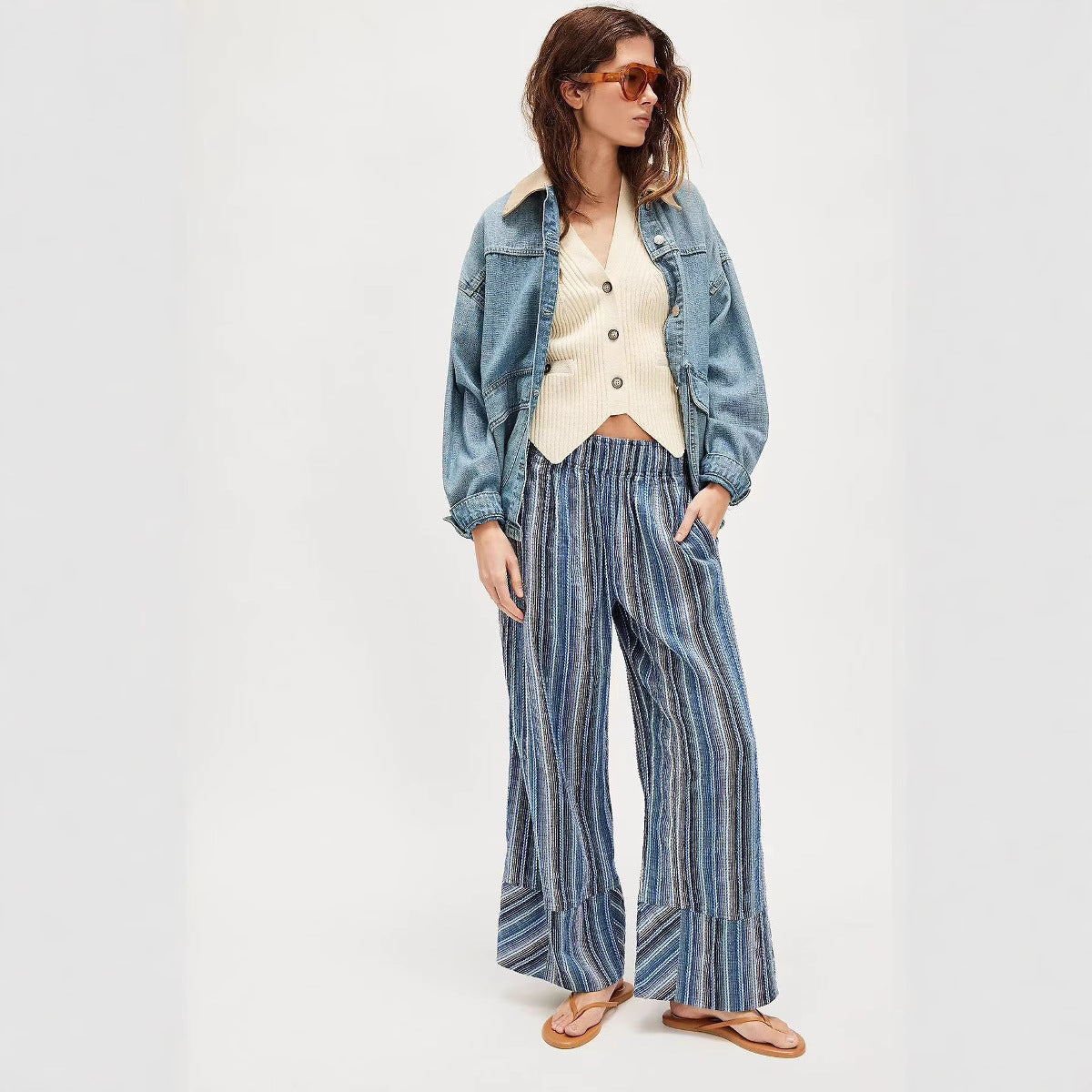 Womens Loose Casual High-waisted Striped Wide-leg Pants