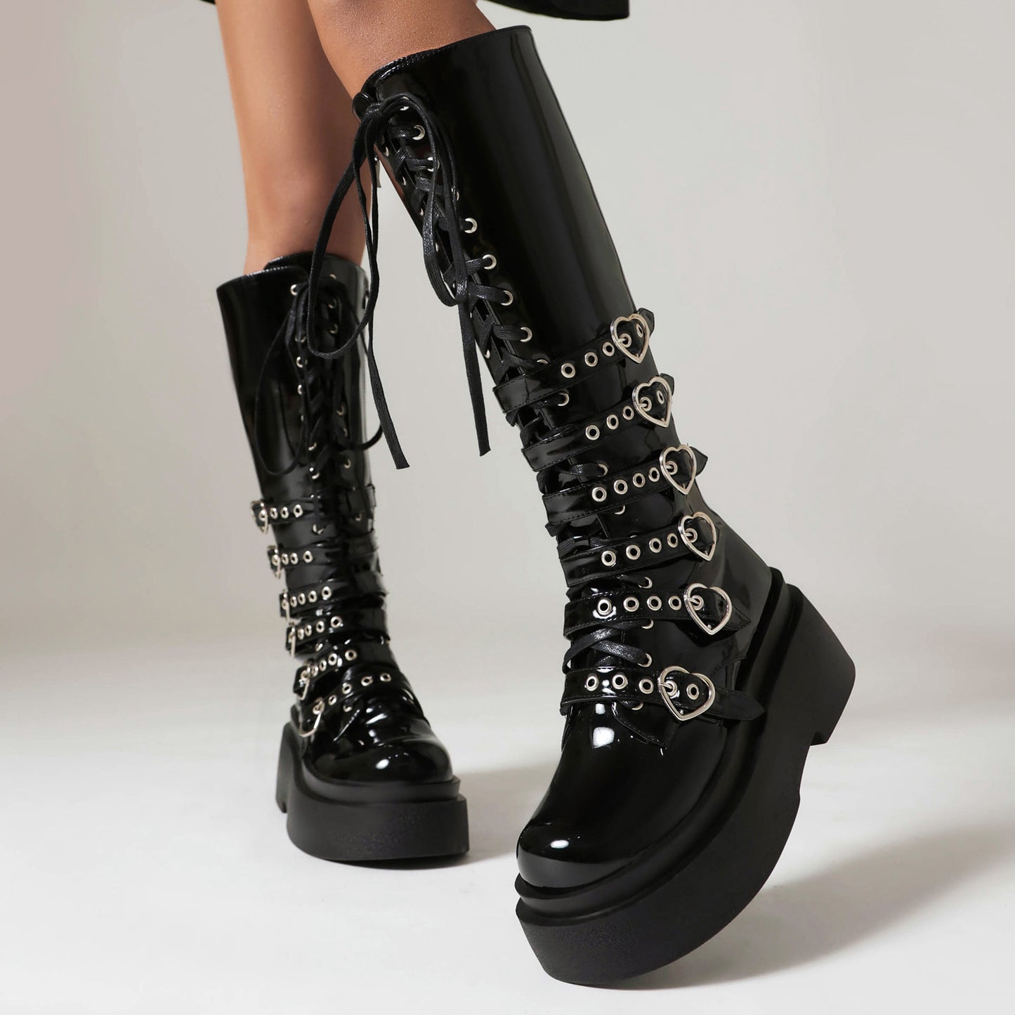 Womens Casual Chunky-Soled Punk-Style Over-the-Knee Boots With Cross-Tie Straps