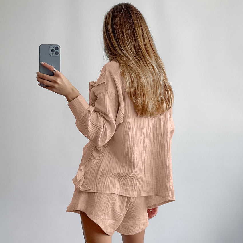 Womens Pure Cotton Pajama Set For FallWinter Long Sleeve Top And Shorts Two Piece Loungewear Set