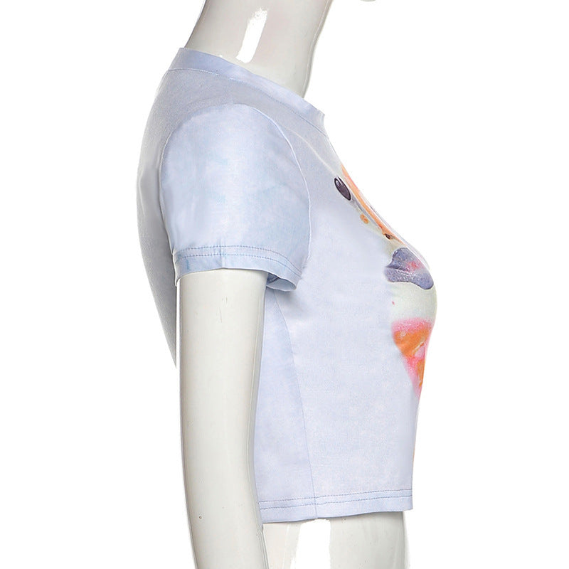 White Butterfly Print Round Neck Slim Fit