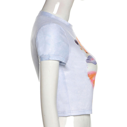 White Butterfly Print Round Neck Slim Fit
