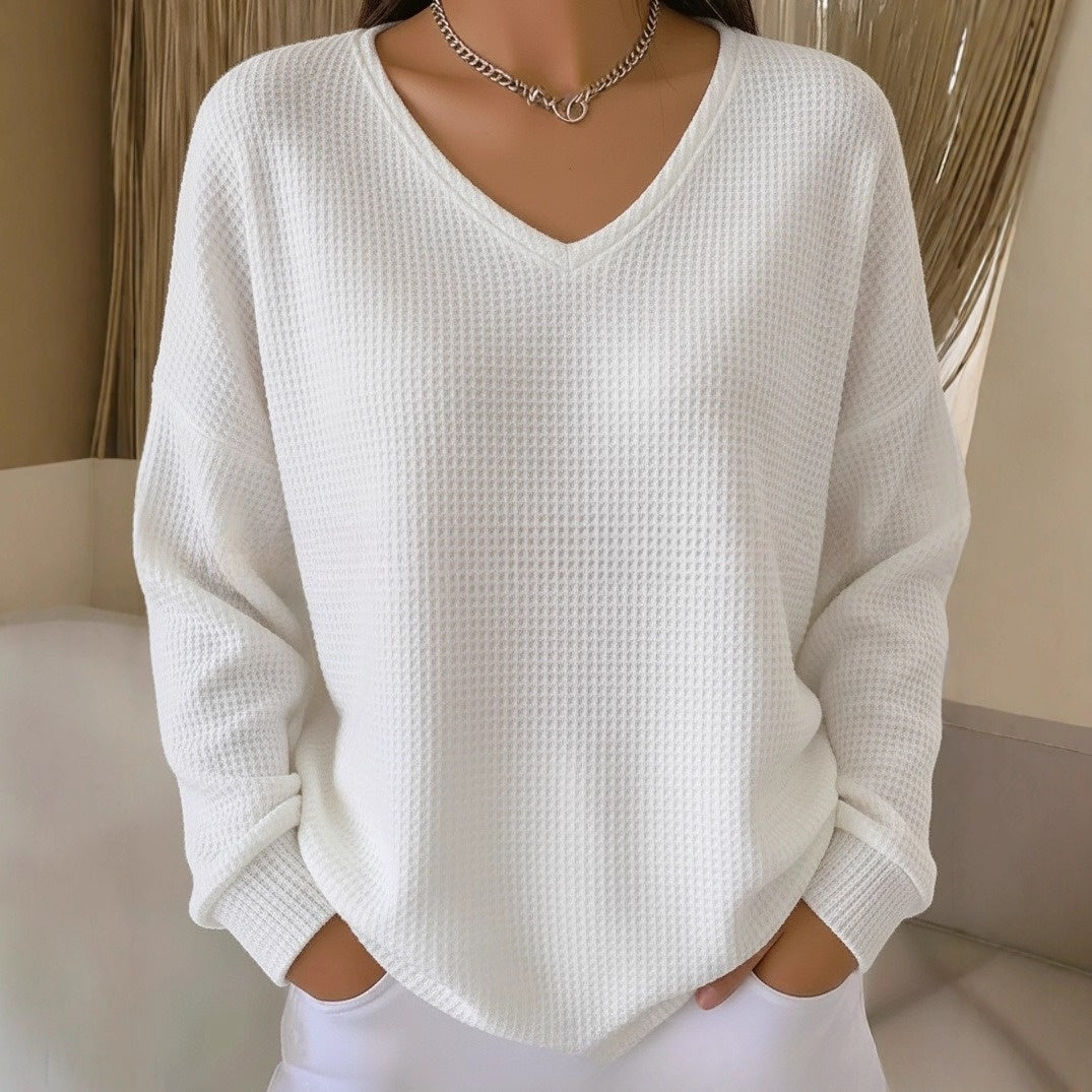 Loose V-neck Casual Waffle Drop Shoulder Women's Top